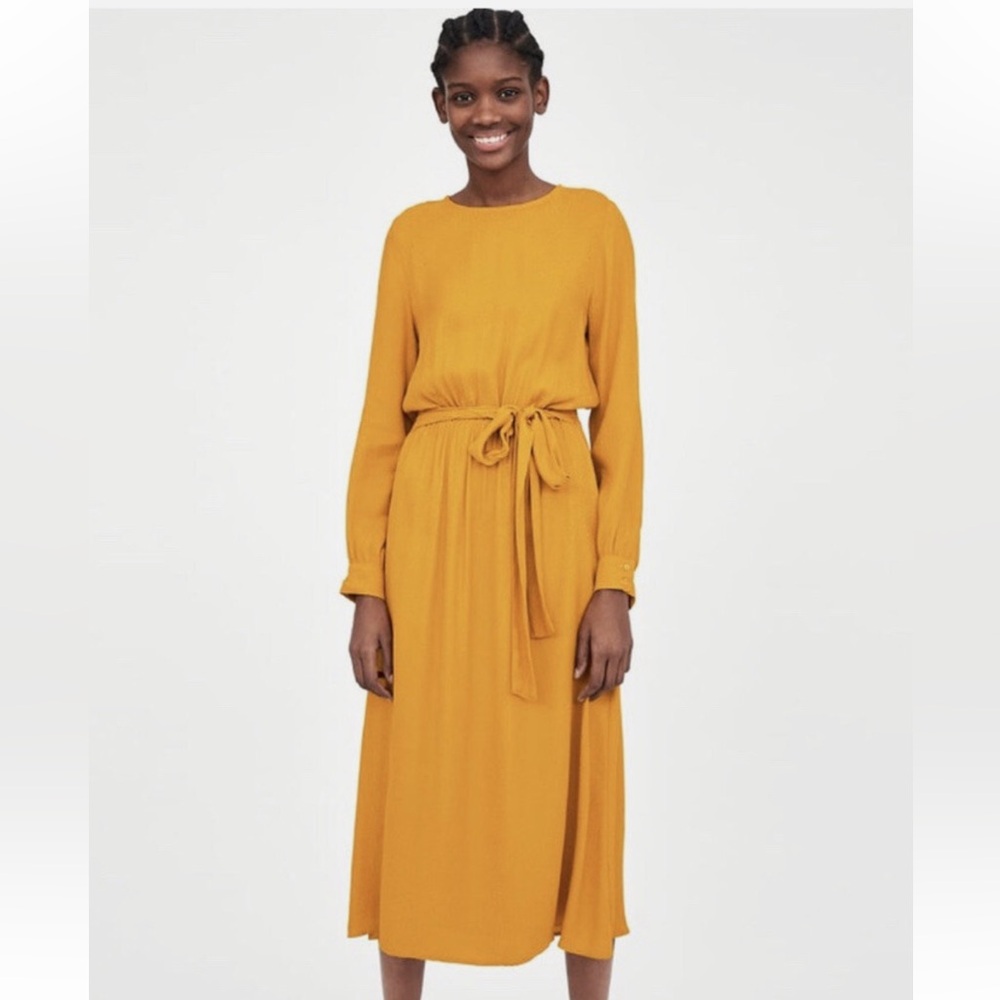 Zara Jacquard marigold Dress with tie waist